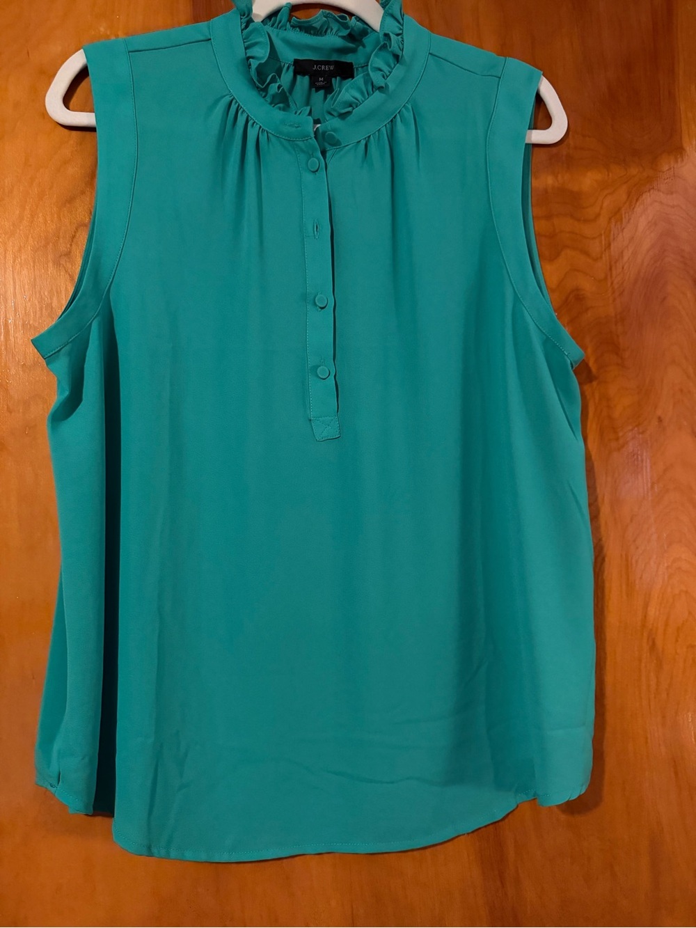 NWOT J. Crew Green Ruffle Neck Sleeveless Shell, size medium